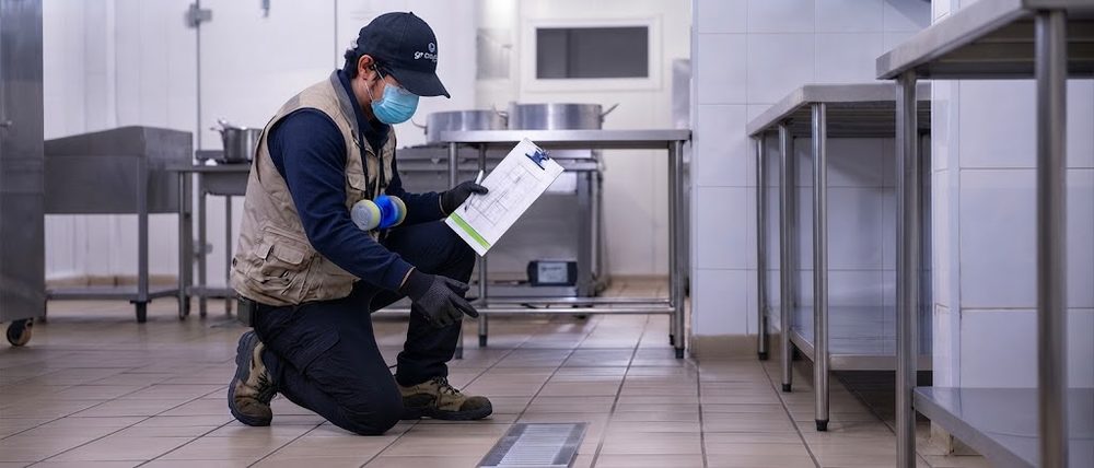 Técnico de Groupest revisando el checklist sanitario en una cocina industrial durante una auditoría