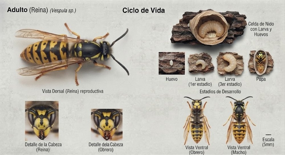 Ciclo de vida de la avispa Vespula: reina adulta en vista dorsal, detalle de cabeza de reina y obrera, celda de nido con larva y huevos, y los estadios de huevo, larva y pupa