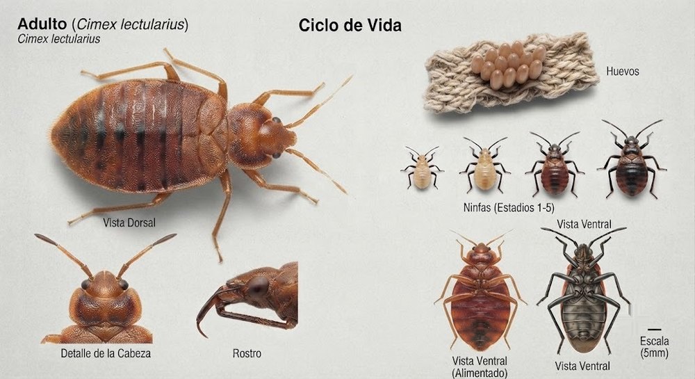 Ciclo de vida de Cimex lectularius: adulto en vista dorsal y ventral, detalle de cabeza y rostro, huevos y las cinco fases de ninfa