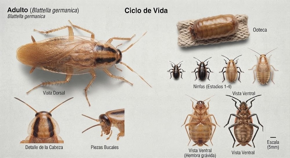 Ciclo de vida de Blattella germanica: adulto en vista dorsal, detalle de cabeza y piezas bucales, ooteca y los cuatro estadios de ninfa