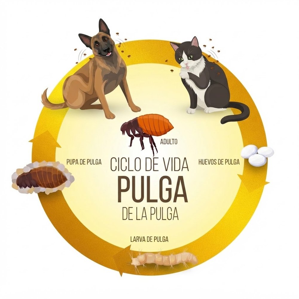 Esquema circular del ciclo de vida de la pulga: huevos, larva, pupa y adulto, con el perro y el gato como hospedadores