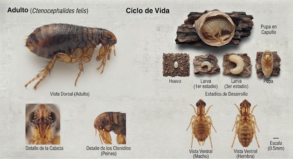 Ciclo de vida de Ctenocephalides felis: adulto en vista dorsal, detalle de cabeza y de los ctenidios, pupa en capullo y los estadios de huevo, larva y pupa