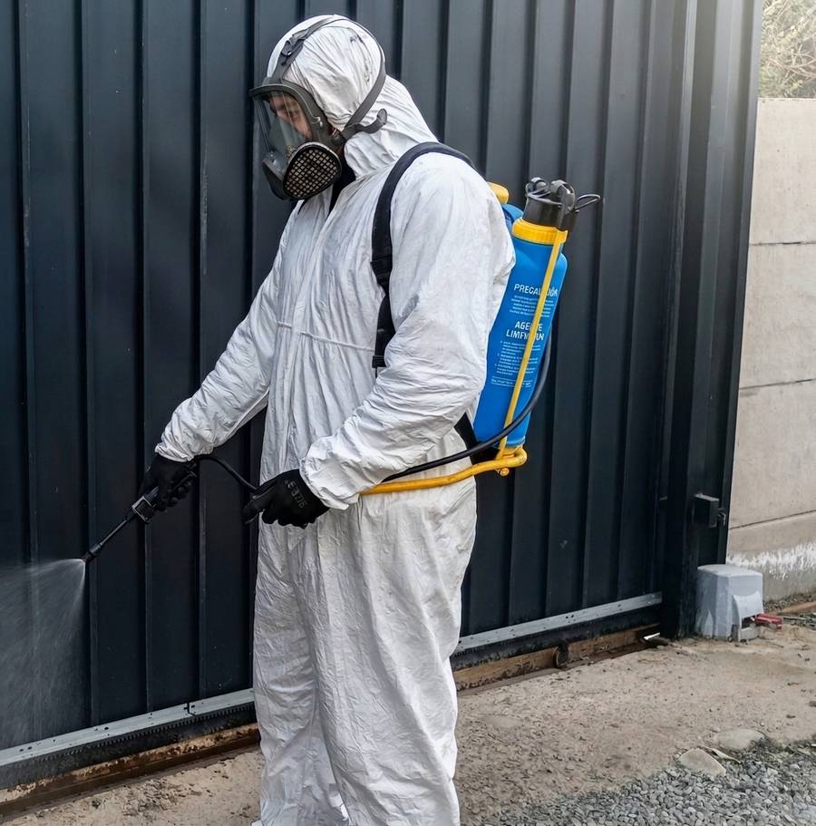 Técnico de Groupest aplicando desinfección en el acceso de una propiedad, con traje completo, máscara con filtro y pulverizador de mochila