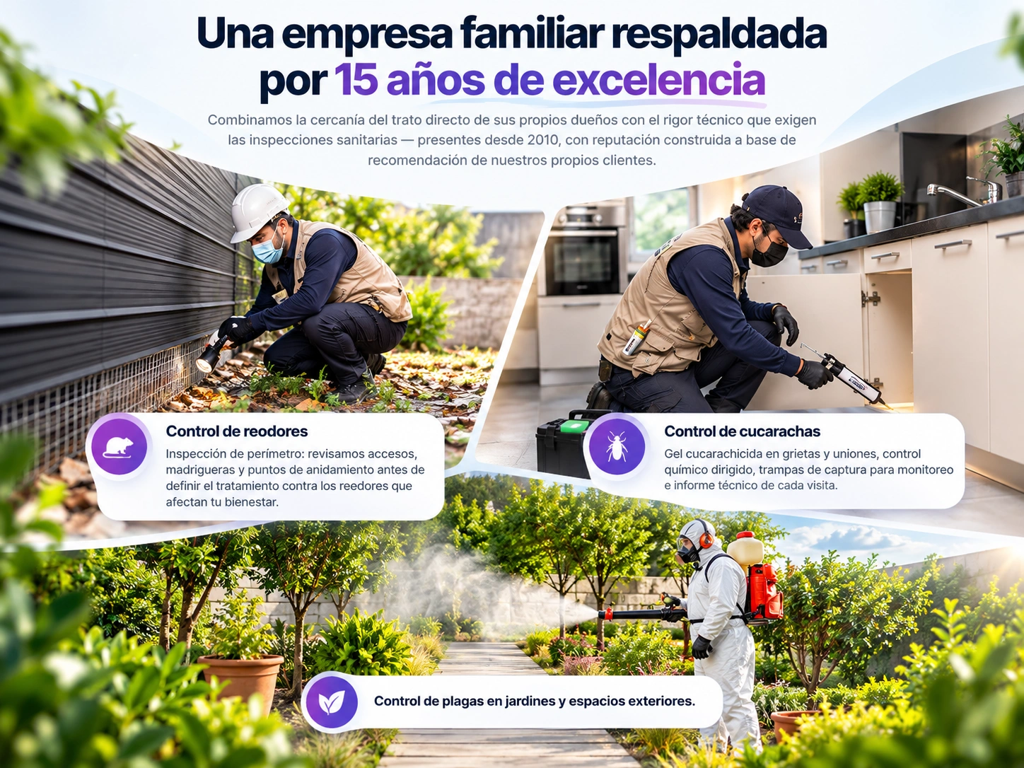 Una empresa familiar respaldada por 15 años de excelencia. Combinamos la cercanía del trato directo de sus propios dueños con el rigor técnico que exigen las inspecciones sanitarias, presentes desde 2010. Control de roedores: inspección de accesos, madrigueras y puntos de anidamiento. Control de cucarachas: gel en grietas, control dirigido, monitoreo e informe técnico. Control de plagas en jardines y espacios exteriores.