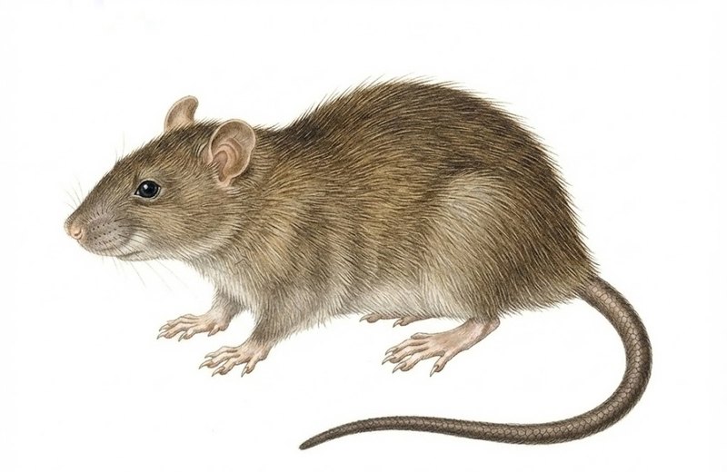 Ilustración científica de Rattus norvegicus, el guarén o rata parda: cuerpo robusto, hocico romo, orejas pequeñas y cola gruesa más corta que el cuerpo