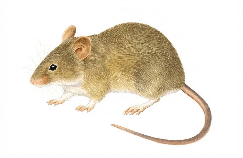 Ilustración científica de Mus musculus, la laucha o ratón doméstico: cuerpo pequeño, orejas grandes para su cabeza y cola del largo del cuerpo