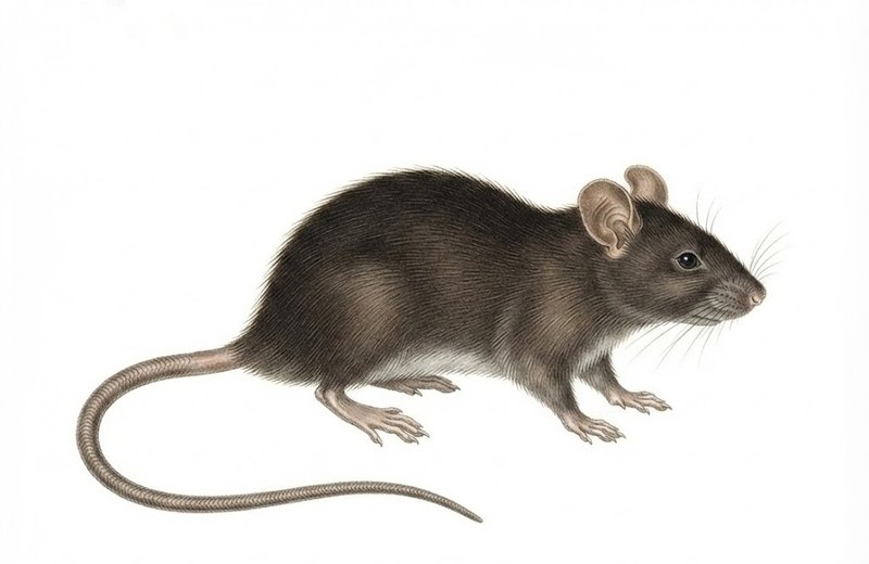 Ilustración científica de Rattus rattus, la rata negra o de techo: cuerpo esbelto, hocico puntiagudo, orejas grandes y cola delgada más larga que el cuerpo