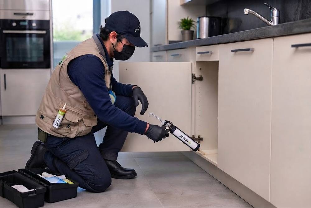 Aplicación de gel cucarachicida en las uniones de un mueble de cocina por técnico de Groupest, con guantes y equipo de protección