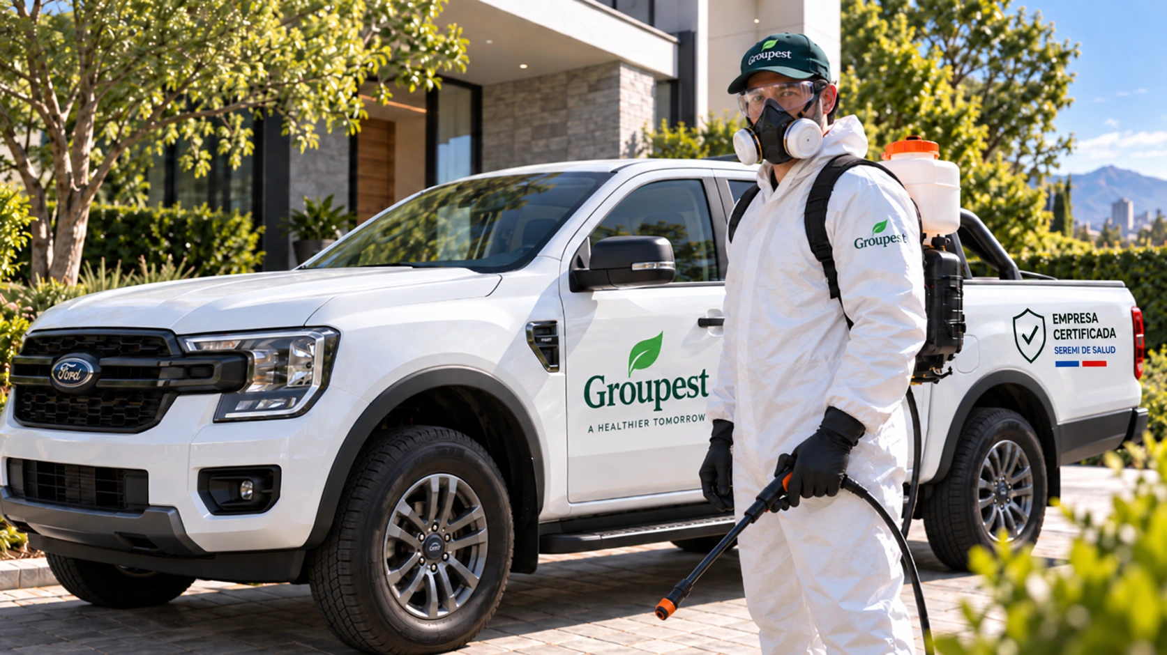 Técnico Groupest junto a camioneta Ford, con logo y eslogan visibles
