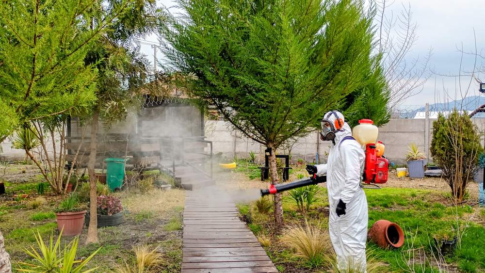 Control de plagas residencial en Región Metropolitana: técnico de Groupest nebulizando el jardín de una vivienda con traje de protección completo y equipo motorizado