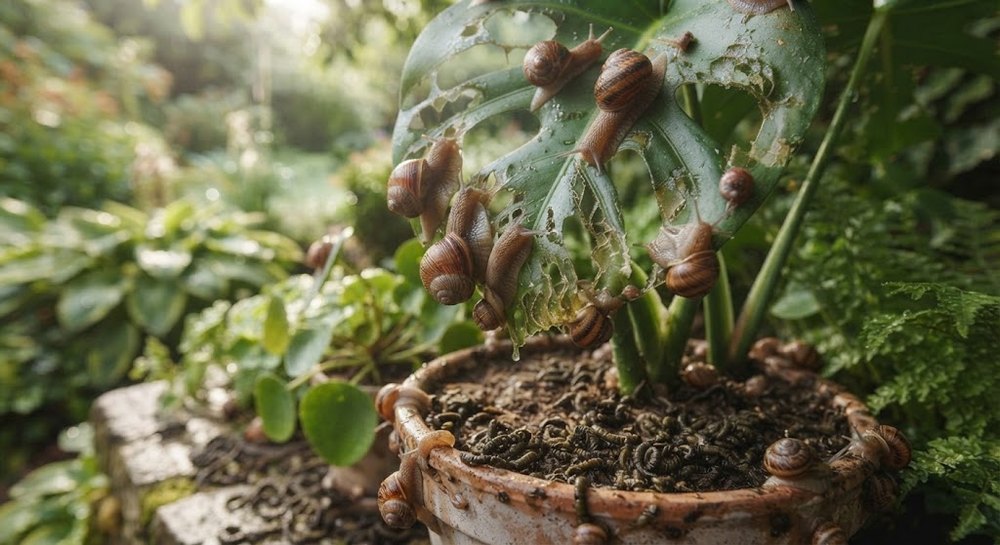 Caracoles sobre las hojas perforadas de una planta en maceta, en un jardín