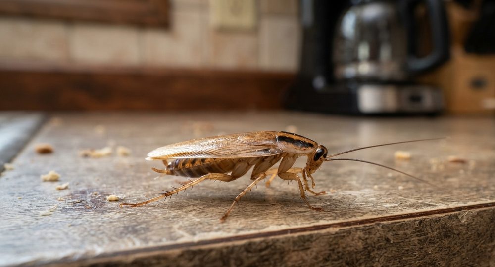 Cucaracha adulta caminando sobre el mesón de una cocina, junto a restos de migas