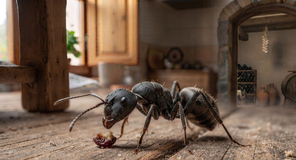 Hormiga negra transportando una miga de alimento sobre una superficie de madera
