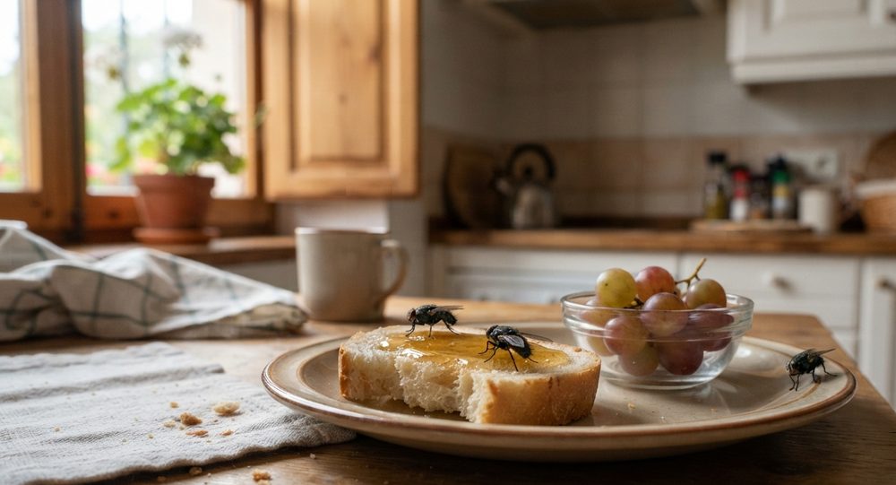 Moscas domésticas posadas sobre pan y fruta servidos en un plato, sobre una mesa de cocina
