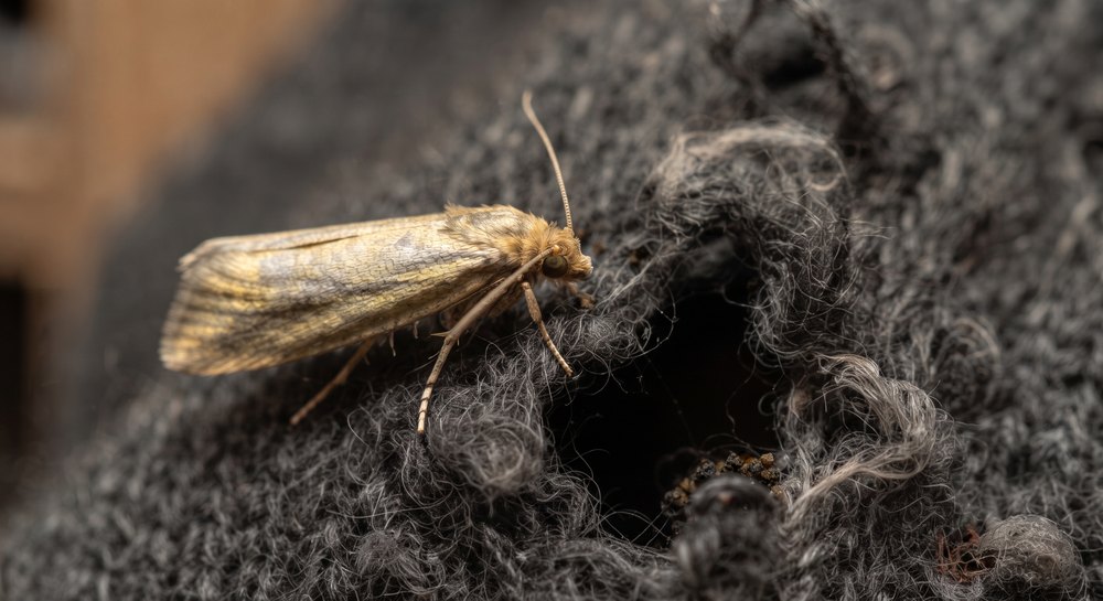 Polilla de la ropa sobre una prenda de lana con un agujero producido por sus larvas