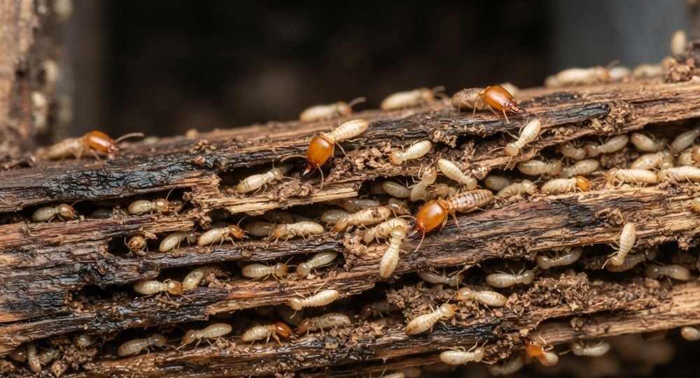 Colonia de termitas subterráneas dentro de una viga de madera galerizada, con obreras claras y soldados de cabeza anaranjada