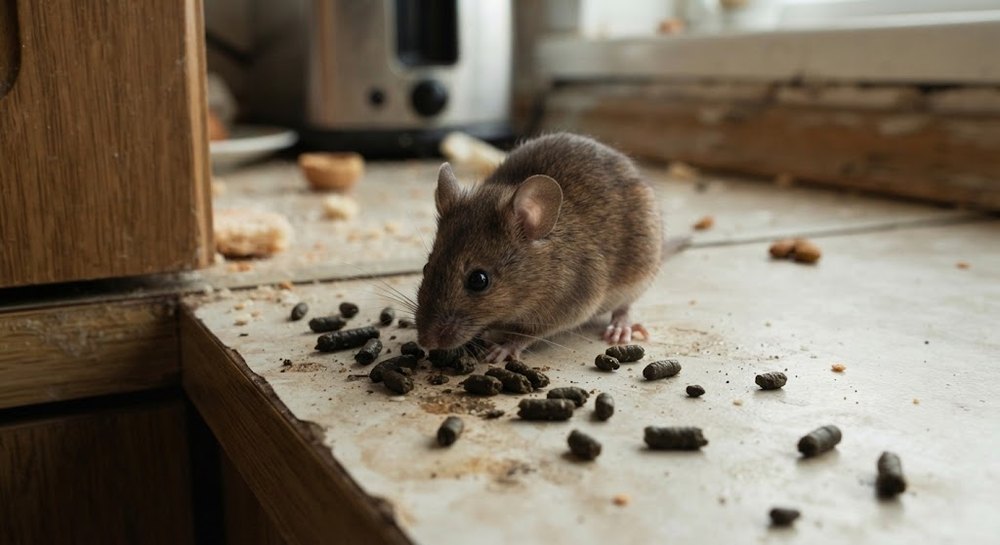 Ratón alimentándose sobre el mesón de una cocina, rodeado de fecas y migas