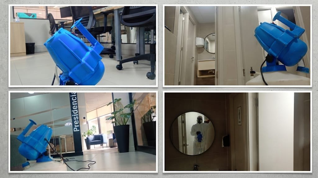 Cuatro momentos de un servicio de sanitización de Groupest: la nebulizadora en una sala de oficinas, en un pasillo de baños, en el hall de Presidencia y el técnico con traje y máscara de protección