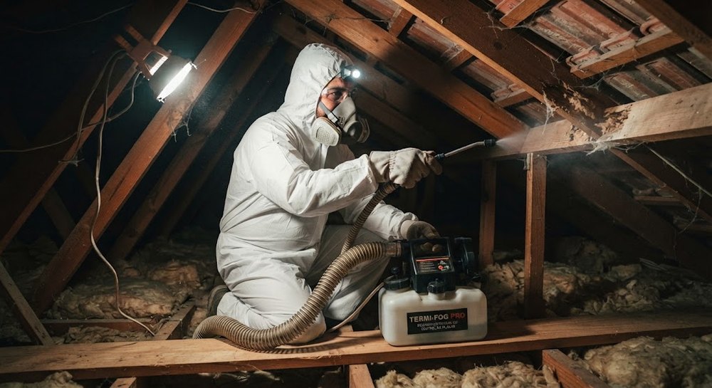 Técnico de Groupest aplicando tratamiento contra termitas en el entretecho de una vivienda, con traje completo, máscara con filtros y equipo de nebulización